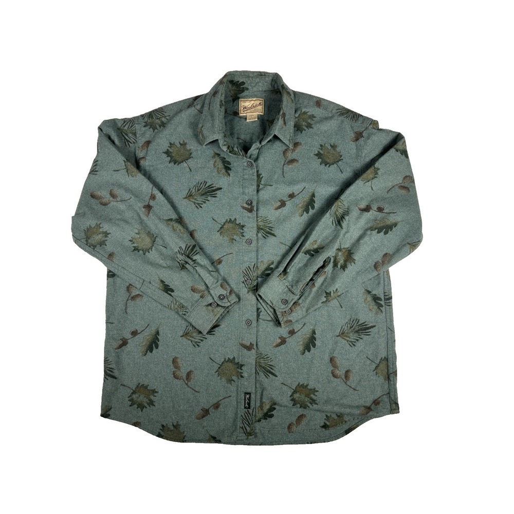 Woolrich Womens Large Leaf Print Button Shirt Green USA Cotton Outdoor Flannel